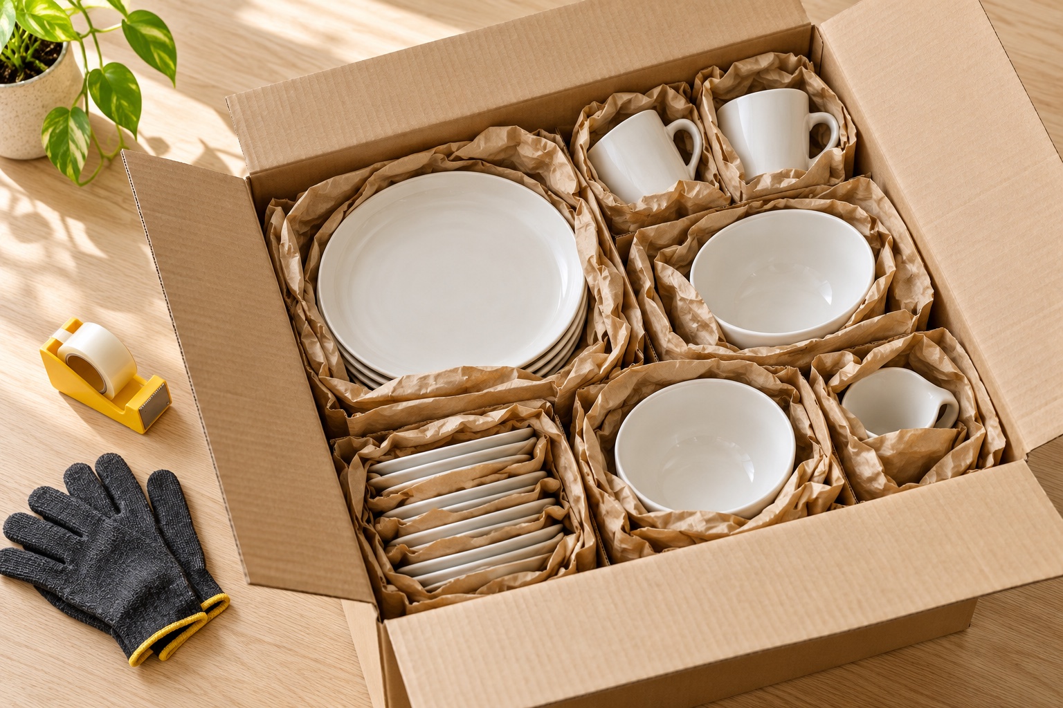 Sorgfältig in Papier verpacktes Geschirr